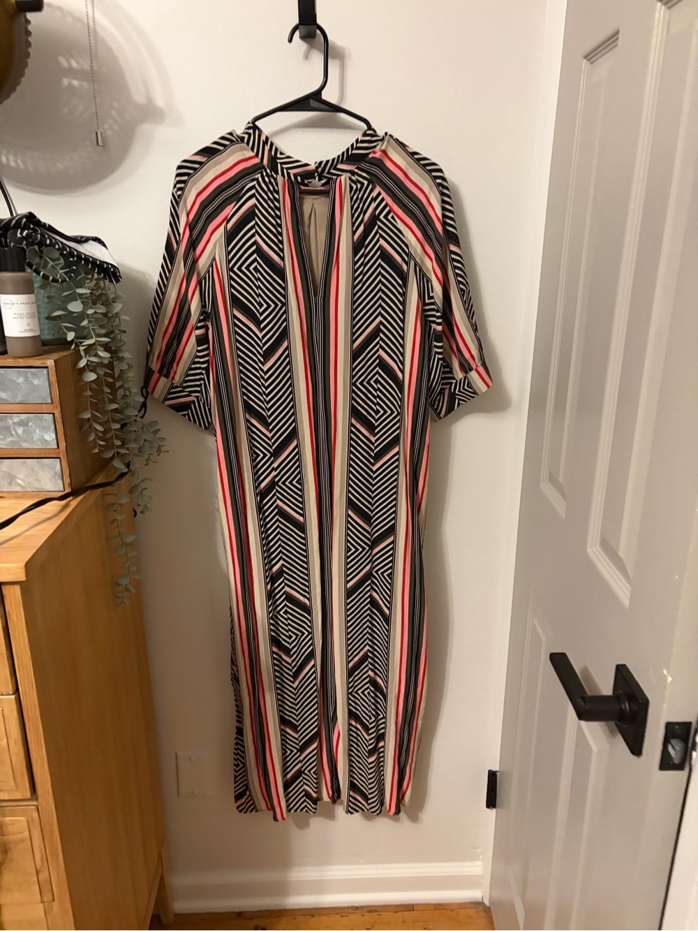 NWOT Anthropologie Striped Geometric Midi Dress in Black, White & Pink
